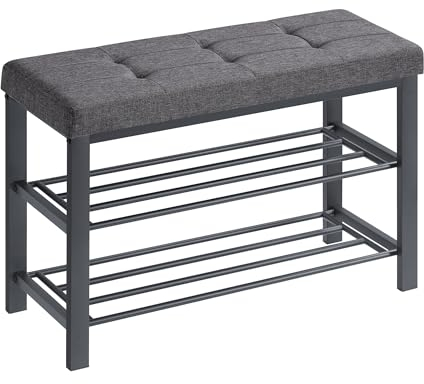 SONGMICS Shoe Bench, 3-Tier Shoe Rack for Entryway, Storage Organiser with Foam Padded Seat, Linen, Metal Frame, for Living Room, Hallway, 31 x 81 x 49 cm, Dark Grey and Black LBS057B01