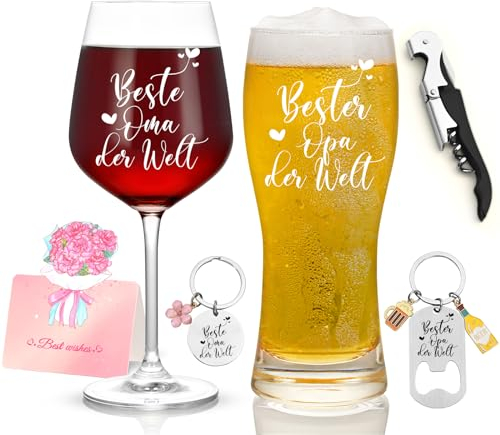Joymaking Weinglas und Bierglas Set Mit Gravur - Beste Oma & Bester Opa der Welt, Geschenke für Großeltern zum Muttertag Vatertag Weihnachten Geburtstag Hochzeit Jahrestag