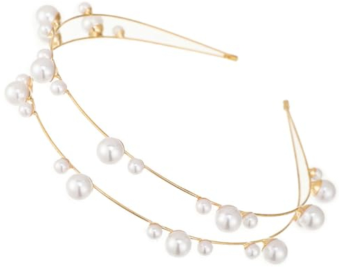 scicent Braut Haarschmuck Zwei Reihen Goldener Dünner Stirnband mit Perle Haarreif Hochzeit Braut Haarband Mode Elegante Kopfschmuck für Damen Mädchen 23615