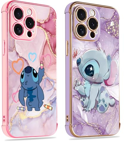 2 Stück Karikatur Stitch Handyhülle Kompatibel mit iPhone 13 Hülle 6,1,Cartoon Anime Kawaii Muster Galvanisierte Schutzhülle TPU Stoßfest Dünn Case mit Kameraschutz,Rosa & Lila,10