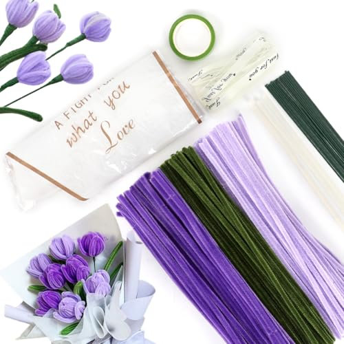 YANAYANA Tulpe Blumenstrauß Pfeifenreiniger Set,300 Stück Pfeifenreiniger zum Basteln Blumen Set mit 3 Farben Pfeifenputzer,Blumenstab,Geschenkpapier,Geschenkband,Klebeband(Hellviolett,Violett,Grün)