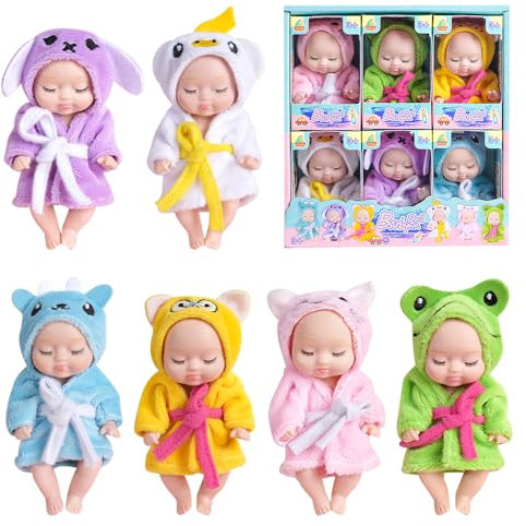 Fiotha Mini Reborn Puppen, 6 Stück Babypuppe, Newborn Reborn Baby, Mini Baby Born, 4,3 Zoll Puppe und Kleidung Set, Realistische Babypuppe, Für Kinder ab 3+ Jahren (Bademantelserie)