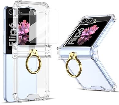 Jusy for Samsung Galaxy Z Flip 6/7 SE Case, 5G Clear Case with Hinge Protection, Built-in Back Screen Protector & Ring Kickstand, Full Body Rugged 4 Corner Airbags Shockproof Protective Cover, Clear