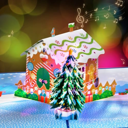 GREETING ART Weihnachtskarten, Weihnachtskarten mit Musik Sound,Weihnachtskarte Pop Up,Karte 3D pop up Grußkarte mit Lebkuchenhaus,Weihnachtskarte für Ehefrau, Ehemann,Tochter