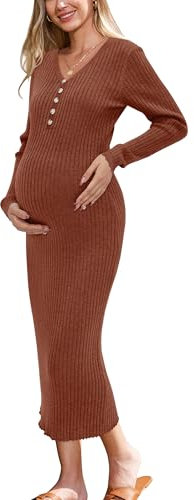 OUGES Jumper Dress for Women UK Lang Winter Knitted Dresses Bodycon Long Sleeve Autume Maternity Dress-L