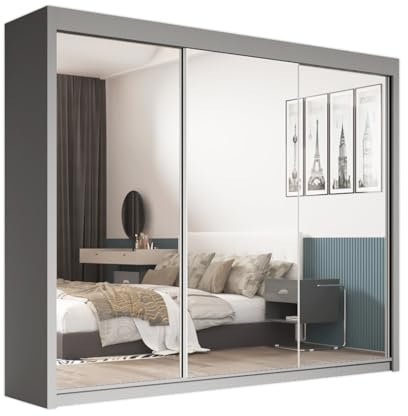 SERENITY SELECTION Modern Wardrobe with FULL Length Mirror - 2 & 3 Sliding Doors wardrobe,Adjustable Shelves,Hanging Rails,and Ample Storage Space-Stylish Bedroom Furniture (Grey, 250cm)