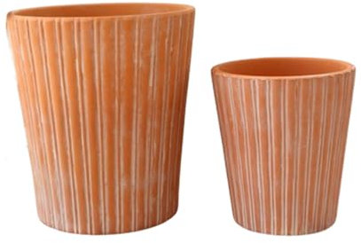 Paquet de 2 jardinières en terre cuite rouge, pot de fleur en argile à rayures verticales inclinées avec trou de drainage et plateau, pot rond en argile grossière respirant pour plantes d'intérieur