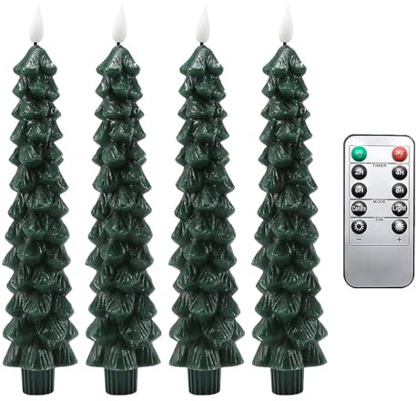 Velas LED para árbol de Navidad | 4 velas cónicas verdes con temporizador y mando a distancia, velas sin llama de 9,7 pulgadas para árbol de Navidad