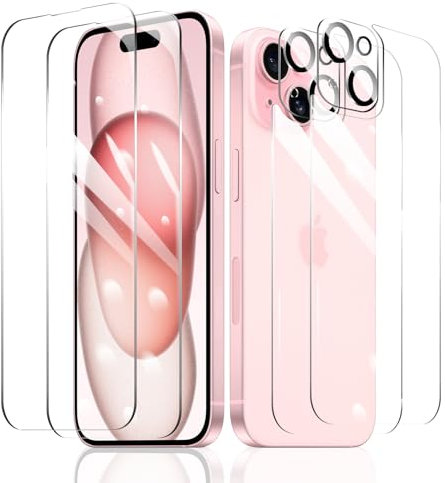 Fylnatc 2×Film Protection D'écran pour iPhone 15 + 2×Protection Camera Objectif Arriere appareil Photo + 2×Arrière Verre Trempé, Vitre Protecteur Accessoires, HD Dureté 9H Glass, Compatible Coque