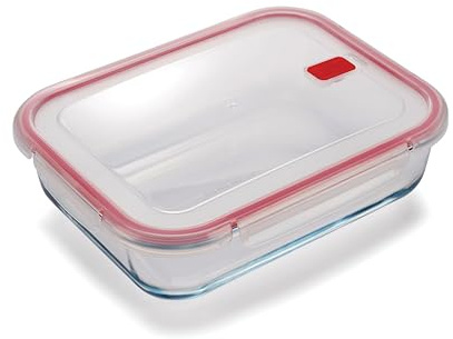 CURVER Rectangular 2.7L Food Storage Glass Containers with Lids - Borosilicate Glass, 4-Clip Lock Airtight Food Containers with Lids, Oven & Freezer Safe
