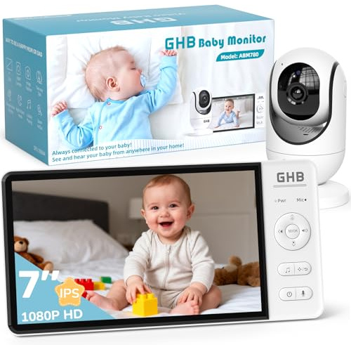 GHB Babyphone mit Kamera 7 Zoll 1080P IPS HD-Bildschirm 5000 mAh Max. 360 Stunden im VOX-Modus 4X Zoom 8 Schlaflieder Nachtsicht