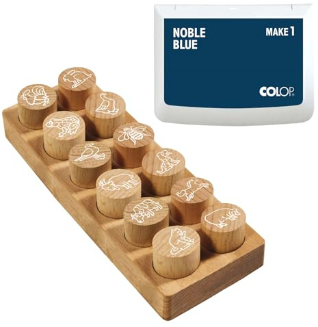 COLOP Woodies Holzstempel Set Bauernhoftiere mit 12 Motiven, Erkennungs- und Motivationsstempel aus Buchenholz, Abdruckgröße: Ø 29 mm, inkl. 1 Stempelkissen, noble blue, 50 x 90 mm