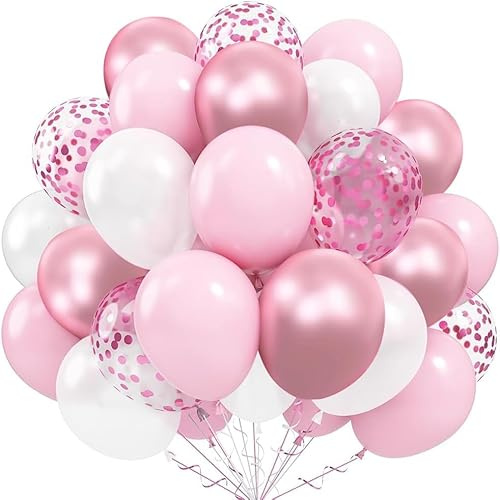 Ballons Rose Et Blanc, 60 Pièce Pastel Rose Latex Ballon Avec Confettis | 12 Pouces Ballons Hélium Métallisé Rose, Fille Femme Anniversaire Baby Shower Mariage Douche Nuptiale Décoration de Fête