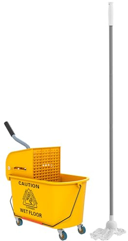 HOMCOM Reinigungswagen 20L Putzwagen mit Presse und Kehrgarnitur, Eimer inkl. Mopp, Rolle, für Haushalt und Gewerbe Gelb
