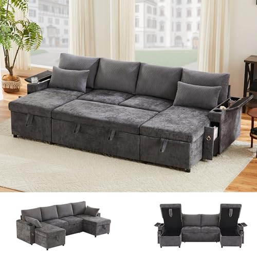 U-förmiges Ecksofa Cord Schlafsofa mit ausziehbares Gästebett, Modern 4-Sitzer couch mit Stauraum Getränkehalter und Schlaffunktion Chaise Longue Sitzfläche 150kg Komfort, Großes (Grau-D, 4 Sitzer)