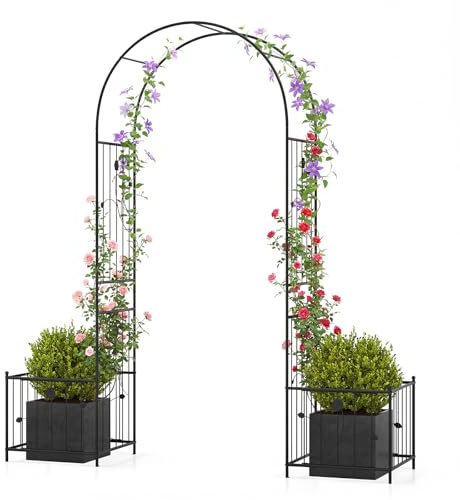 COSTWAY Rosenbogen mit 2 Blumenkästen, Gartenbogen aus Metall stabil, Torbogen für Kletterpflanzen, Spalier mit Pflanzkästen, Rankhilfe Rankgitter Rankbogen, Halbbogen Garten, 198 x 49,5 x 221 cm