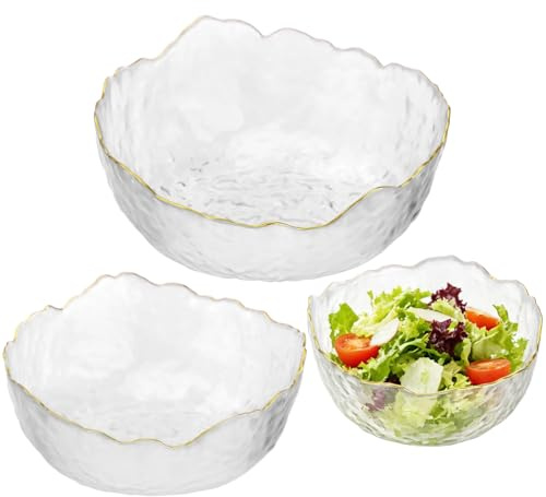 Skdqiee 3 Piece Gold Rimmed Glass Bowls Set, Transparent Hammered Glass Kitchen Bowls, Stackable Salad Bowl for Soup Fruit Dessert Pasta Curry Popcorn