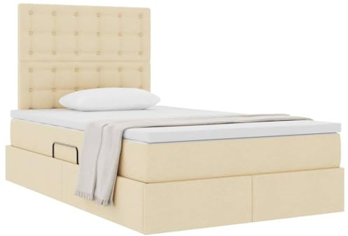 vidaXL Aufbewahrungsbett mit Matratze Creme 120 x 190 cm Stoff, Moderner Stauraumbett, rechteckig, hydraulisch, platzsparend, bequem, schwarzes Kunstleder, Matratze dabei