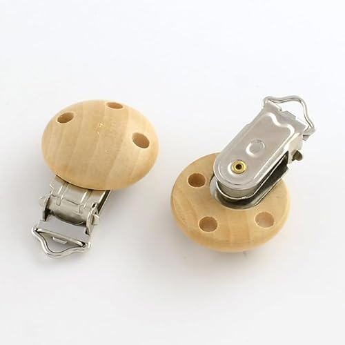 2er Set Schnullerclips Holz Natur Ø 28 mm – rund, mit Eisenverschluss, 3 Ventilationslöcher (4 mm), schadstofffrei, speichelfest – hochwertige Clips für Schnullerketten & DIY Basteln