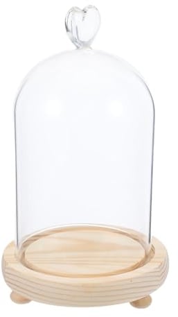 Operitacx Cloche en Verre Cœur avec Socle en Bois, Finition Lisse et Sécurisée pour Protéger Figurines en Argile, pour Décoration Cabinet ou Étagère