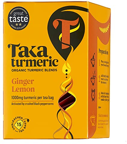 Taka Turmeric Organic Lemon Ginger Turmeric Tea, 15 Tea Bags | 1000mg organic Indian turmeric in every tea bag, activated by crushed black peppercorns. Great Taste award winner.