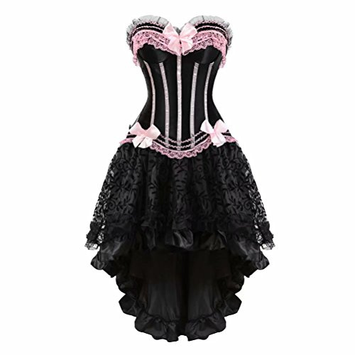 Jutrisujo femme sexy corset overbust bustiers jupe tutu set Robe Rayures lingerie dentelle gothique deguisement Rose m