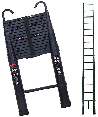 6.2m Black Aluminum Telescopic Ladder Telescoping Ladders with Roof Hook Kit for Loft Attic Garret Cockloft EN131 Certified & 150kg Max Capacity