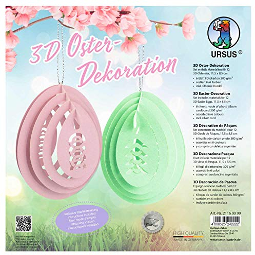 Ursus 21160099 - 3D Oster Dekoration, Materialien für 12 Ostereier, in 6 verschiedenen Farben, ca. 11,5 x 8,5 cm, inklusive silberner Kordel und Bastelanleitung, zum Basteln von farbenfrohen Anhängern