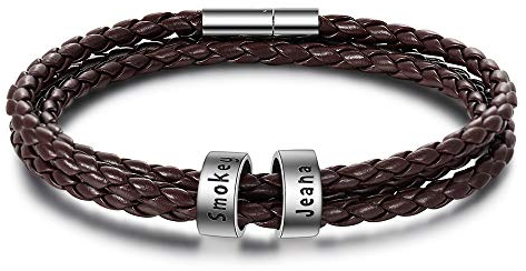 kaululu Herren Personalisierte Braun Lederarmbänder mit 1-5 Beads Familie Paar Namen mit Gravur Herren Armbänder für Männer Frauen BFF Personalisierte Geschenke für Geburtstag (2 Ring)