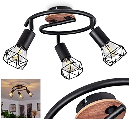 Deckenleuchte Baripada, 3-flammige runde Deckenlampe aus Metall/Holz in Schwarz/Braun, moderne Leuchte m. verstellbaren Gitterschirmen, 3 x E14-Fassung, mit Lichteffekt, ohne Leuchtmittel