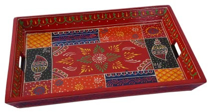 Wooden Decorated Tray Rajasthani Handmade for Home and Gifting (Colored 10X13)