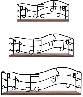 EYMPEU Wandregale aus Holz und Metall, 3er Set, rustikale Schweberegal mit originellem Musiknoten-Design, Schweberegal für Küche, Bad, Büro, Wohnzimmer, Aufbewahrung und Organisation