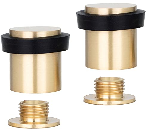 EVI Herrajes | 2er SET - Türstopper aus Messing Boden - Messing Matt| Ø20x25mm | Gewindebasis | Schwarz Natursilikonkautschuk | inkl. Schraube + Klemmdübel | I-180