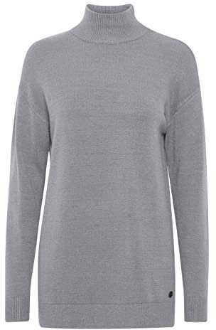 OXMO OXRatina Damen Strickpullover Feinstrick Pullover Rollkragen Langer Schnitt Pullover-Kleid mit Seitenschlitzen, Größe:L, Farbe:Mid Grey Melange (200455)