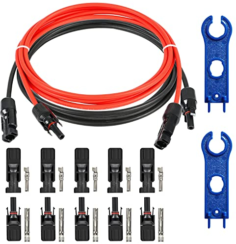 GTIWUNG Cable de Extensión Solar 2m 4 mm² con Conector Hembra y Macho Herramienta de Kit de Adaptador de Panel Solar Cable Solar Rojo/Negro Clavijas de Placas Solares + 5 Pares Conectores Solares