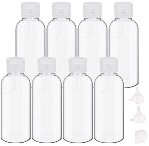 8 Pièces 100ml Flacons Vide de Voyage, Bouteilles Voyage en Plastique vides avec 3 Petits entonnoirs, Vides Petit Flacon Transparent pour cosmétiques, Lotion, shampoing etc