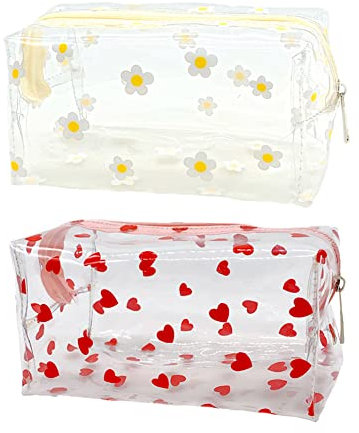 Lot de 2 Trousses de Maquillage en PVC Transparent - Jolies Trousses de Toilette imperméables - Grandes Trousses Transparentes pour Femmes et Filles - Motif cœur et Marguerite