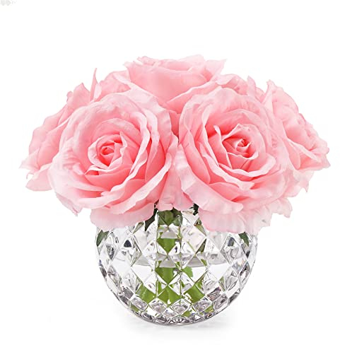 rubystory 7 große Rosen mit Stiel, künstliche Blumen in Vase, Seidenblumen-Arrangement in runder Glasvase ohne Wasser für Heimdekoration, Hochzeitstisch (Rosa)