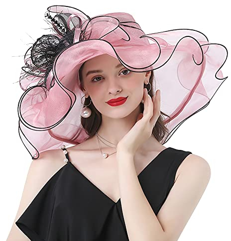 ITODA Fascinator Damen Organza Hut Blumen Feder Sonnenhut Kirche Hochzeit Frauenorganza Elegant Sommerhut Sonnenschutz Strandhut Breit Krempe Organzahut Mesh Damenhut Cocktail Party Rosa