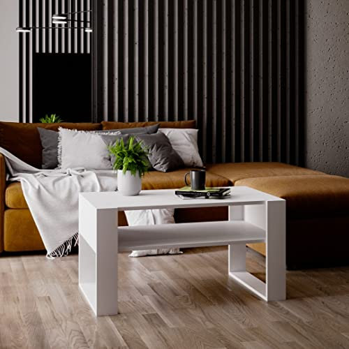 MRBLS Couchtisch – modernes rustikales Design – Wohnzimmer-Tisch Beistelltisch Kaffeetisch Sofatisch Teetisch aus Holz (Weiß Matt - Weiß Matt) - 92 x 45 x 53,6 cm (B/H/T)