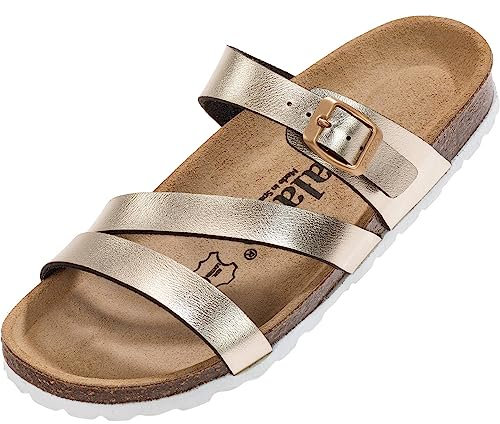 Palado Pantoletten Damen Ikaria – bequeme Sandalen Made in Spain - Hausschuhe mit dämpfendem Kork-Fußbett - modische Sommerschuhe Altgold Metallic UK5,5 - EU38