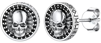 Boucles d'Oreills pour Homme Femme Argent 12mm Rond Mort de Tête Stéréoscopique Zircon Noir Lune Rune Clous d'Oreilles antique Garcon Bijoux Cadeau Pink