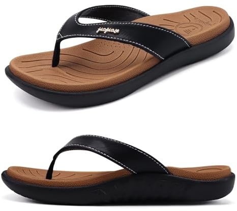 jiajiale Flip Flops Damen Mode Orthopädische Leder Stoff Leicht Zehentrenner Frauen Bequeme Yoga Fußbett Badelatschen Sommer Strand Rutschfest Feste Gummi Sohle Khaki Schwarz EU42