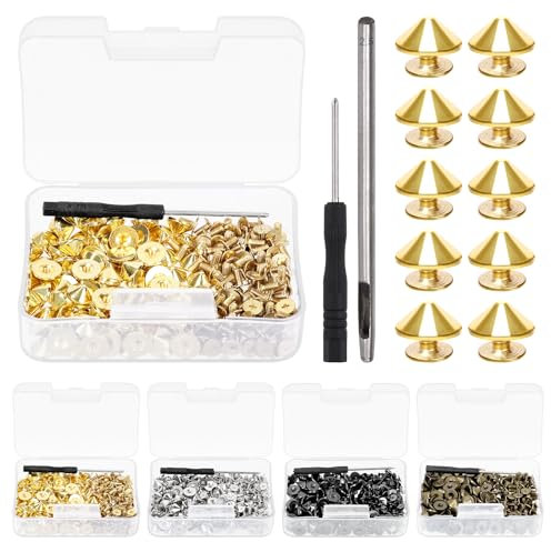 Glarks Set di 100 punte dorate a cono e borchie da 4,7 mm, viti per rivetti in pelle per abbigliamento, G-3400