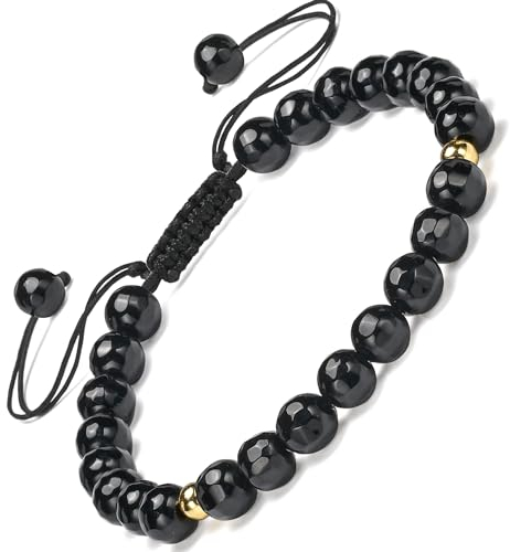 Apocalyptic-K Schwarzes Turmalin-Naturstein-Armband&18K Gold |4-6MM | 6.7-9.3 IN | ,Damen Armband &18K Gold | Einstellbar (Schwarzer Turmalin,6MM)