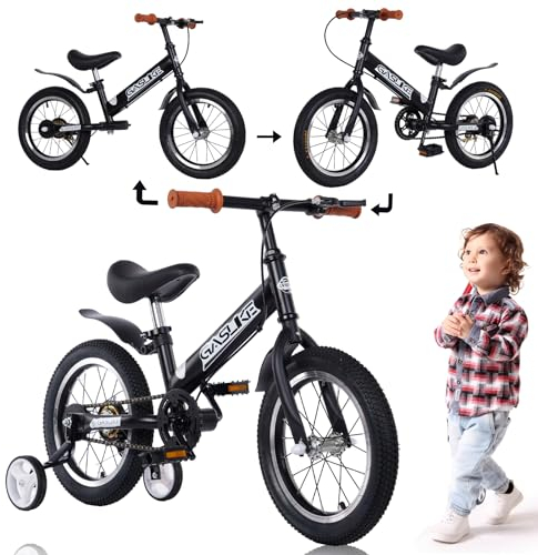 GHBXJX 3 in 1 Laufrad ab 3 Jahre mit Fußstützen,Bremse Kinderfahrrad ab 3 4 5 6 7 Jahre, Laufrad 14 Zoll Mädchen Junge, Kinder Fahrrad mit Stützräder und Seitenständer, Schwarz