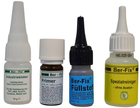 Ber-Fix Schweißnaht-Set S Primer & Füllstoff für Kunststoff, PVC, ABS, GFK, Metall, PE, PP, Silikon 10g Kleber +15g Granulat Schwarz, 5ml Primer, 20g Reiniger