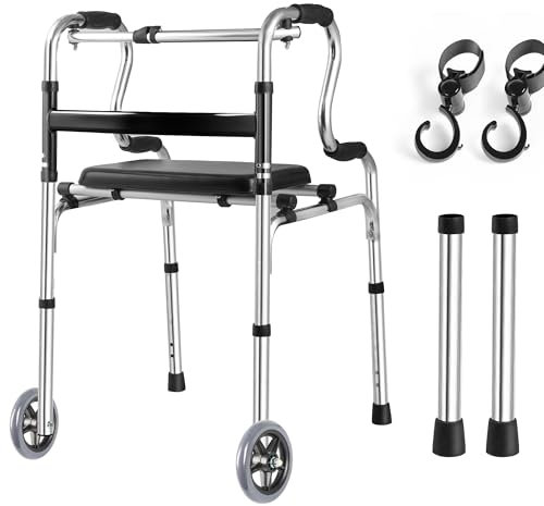 REAQER Folding Walking Frame with 5 Wheels and Seat Adjustable Lightweight Zimmer Frame Walking Aids for The Elderly Disability Walker