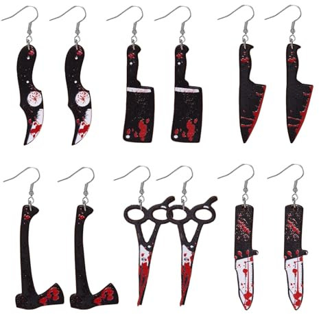 Miaija 6Pair Halloween Knife Earrings Scary Earrings Dagger Earrings Simulation Bloody Scissors Knife Chopper Axe Earrings for Women Girls