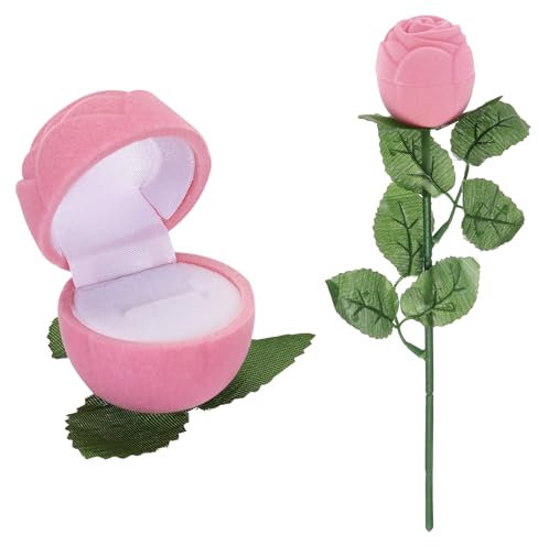 PATIKIL Rose Ring Box, Rose Shape Romantic Engagement Ring Box Flower Velvet Rings Jewellery Box for Wedding Proposal Valentine's Day, Pink